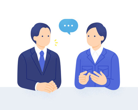 スーツ姿の営業担当者と作業服姿の現場責任者が打ち合わせをする 上半身ベクターイラスト素材