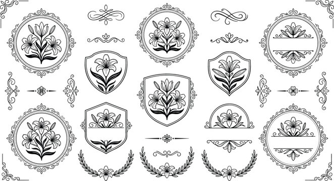 Vintage lily flower crest and emblem collection with ornamental frames shields laurels and baroque design flourishes isolated on white background vector illustration