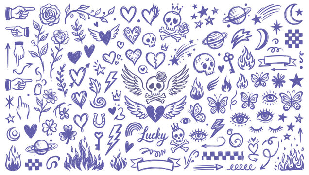 Hand drawn doodles of hearts skulls and rock inspired symbols in black ink