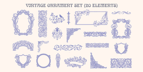 Vintage baroque frame set. Classic frames with hand drawn swirl of acanthus leaves and florals. Whimsical Victorian frames line art for wedding invitation decor, card, book cover, and save the date. © bow