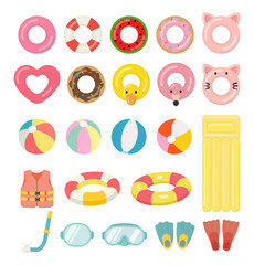 Summer swimming equipment set with colorful lifebuoy and beach ball, flat vector illustration of life jacket, goggles, and flippers for pool party and beach holiday, isolated on white background. © kim jin young