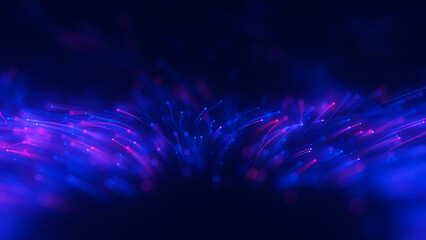 Fototapeta premium Closeup of Big data light speed flow outwards left bottom. Abstract digital data stream of quantum computing. Cyberspace of qubit trail waves. Modern tech information transmission. Ai neural network