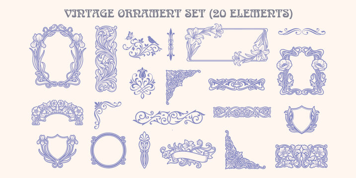Vintage baroque frame set. Classic frames with hand drawn swirl of acanthus leaves and florals. Whimsical Victorian frames line art for wedding invitation decor, card, book cover, and save the date.