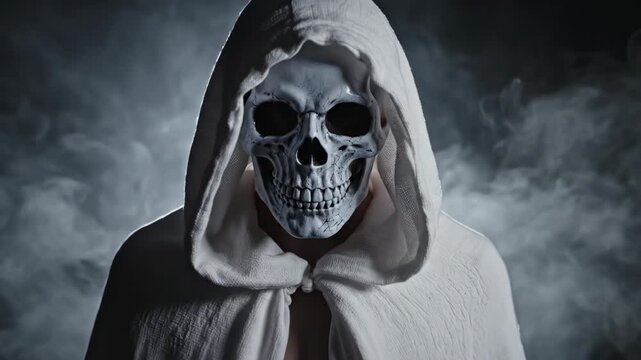 A figure in a white hooded cloak and skull mask with smoke
