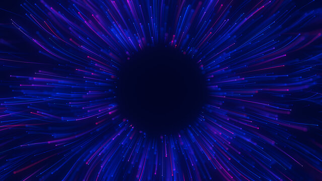 Big data light speed flow outwards center. Abstract digital data stream of quantum computing. Cyberspace of qubit trail waves. Modern tech information transmission. Ai neural network
