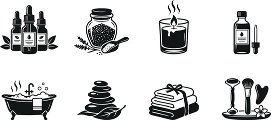 Aromatherapy spa wellness icon set with essential oil dropper bottles bath salts scented candle jade roller and hot stones vector elements © nice