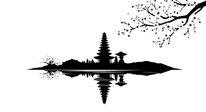Balinese Temple Silhouette with Water Reflection and Cherry Blossom Branch