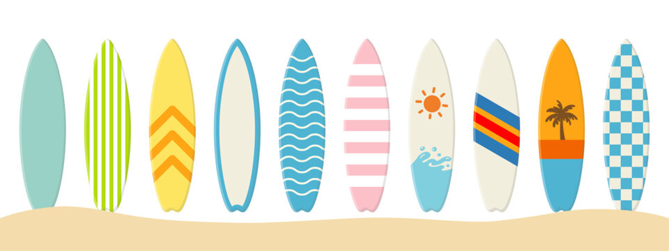 Colorful surfboard collection for summer water sports, various surfing board designs with tropical patterns, flat vector illustration for beach holiday and surf club, isolated on white background.