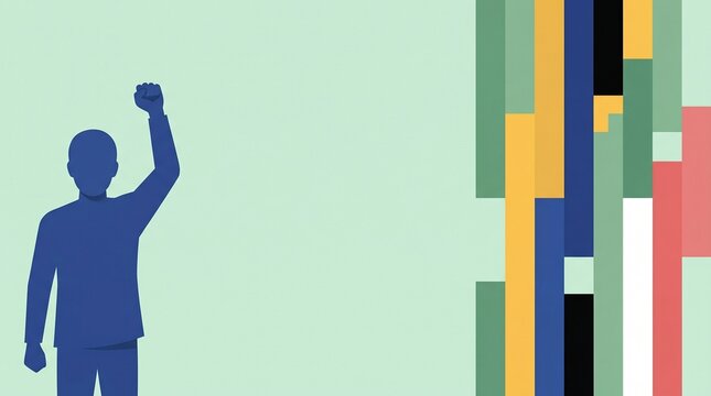 Raised Hand Silhouette for Nelson Mandela Day Human Rights Background with Vertical Color Bars and Copy Space