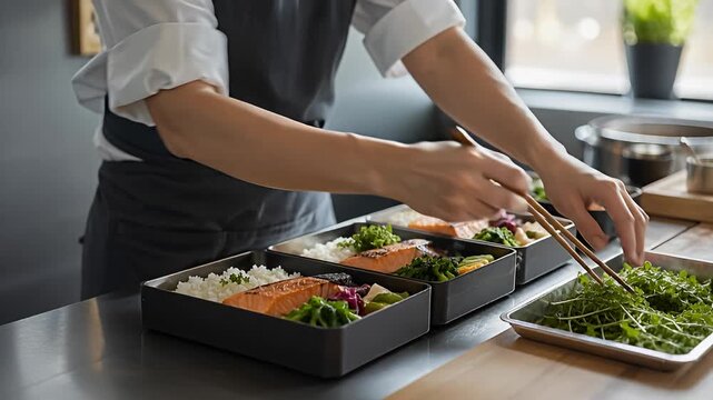 Healthy Bento Assembly in Premium Japanese Meal Prep Kitchen for Corporate Office Delivery, Workplace Wellness, HR Benefits, Food Brand, and Lifestyle Campaigns
