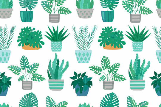 Seamless pattern featuring various potted houseplants on a white background