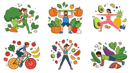 Naklejka premium Healthy Lifestyle Icon Set with Fitness, Fruits, Vegetables, and Exercise for Wellness and Nutrition Designs