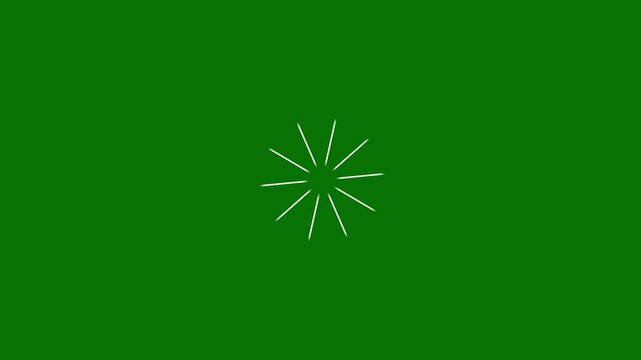 Minimalist white pulsating sparkle star animation with radiating lines on green screen chroma key background abstract geometric flash motion design for unique video transitions loopable 4k.