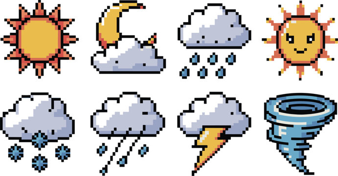 Retro Pixel Art Weather Icon Set with Smiling Sun Crescent Moon Rainy Clouds Snowflakes Lightning Bolt and Tornado Symbols for Retro Game Interface Design