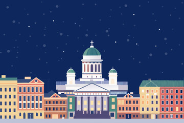 A stylized illustration depicts helsinki cathedral under a starry night sky © Raju