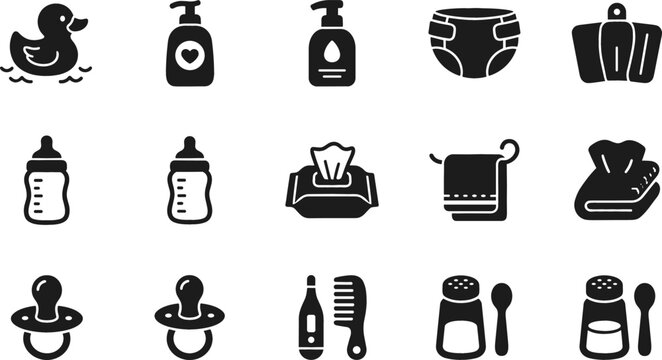 Baby newborn care essentials icon set with feeding bottles rubber duck diapers wet wipes thermometer powder and hygiene vector elements