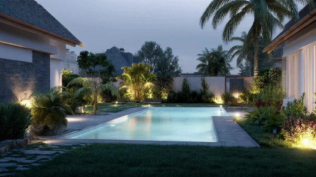 This elegant contemporary home boasts a stunning pool and offers breathtaking views of the sunset each evening
