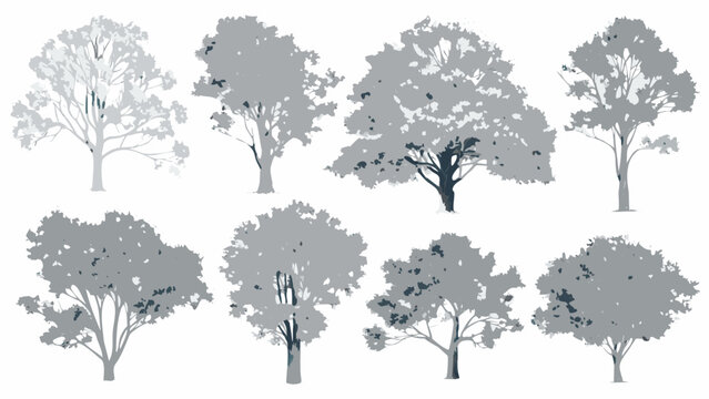 Collection of grayscale tree silhouettes arranged against a white background