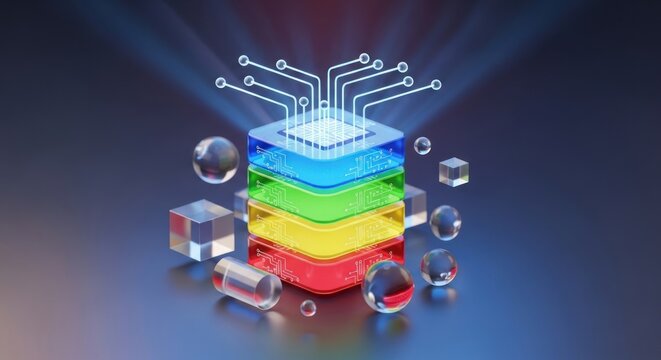 A colorful, abstract digital circuitry design with a rainbow spectrum of colors.