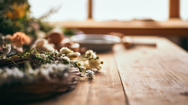science lab table with craft supplies and midsummer wreath design