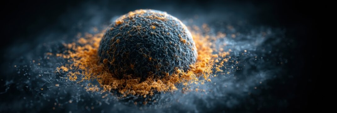 Render shows a human ovum egg cell under an electron microscope with detailed zona pellucida and protein structure in grey and amber tones.