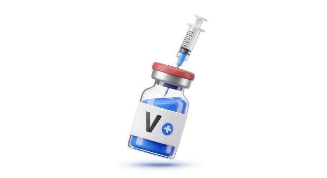 A syringe with a blue liquid in a glass vial, with a red cap, against a white background.