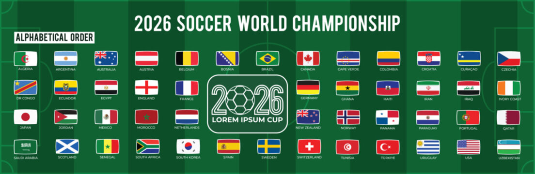 2026 World Soccer Championship Group Table Template with TV Flag Icons and White Border