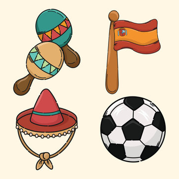 Illustration of vector icons about spain, spanish icons flags balls hats cute cartoon stickers
