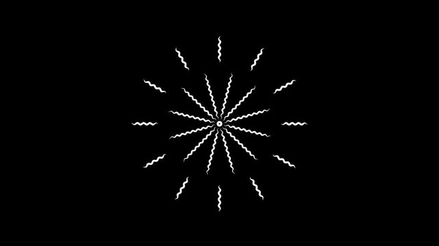 Pulsating white wavy line mandala pattern blinking rhythmically on black backdrop abstract geometric flash motion design element for cinematic overlays and high quality loopable art.
