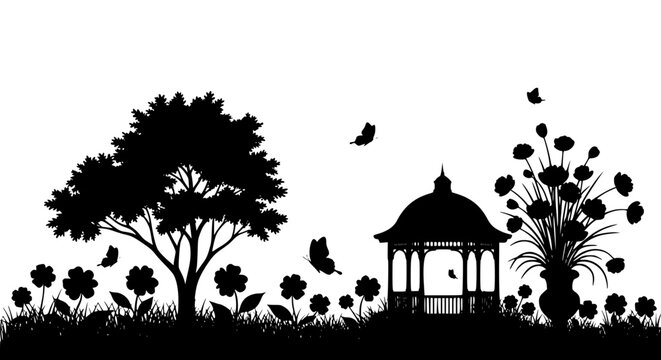 Garden landscape silhouette with gazebo tree and butterflies