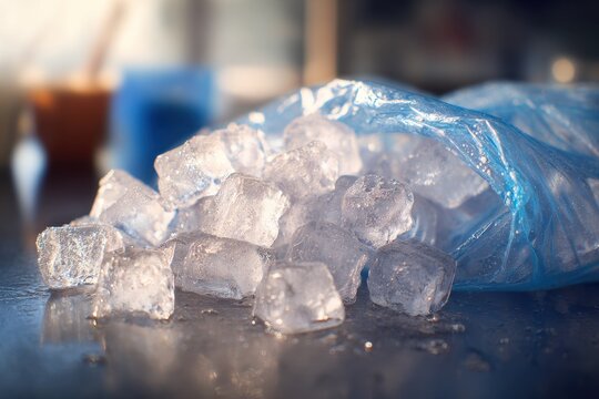 Glossy plastic bags filled with ice cubes, frost and condensation visible
