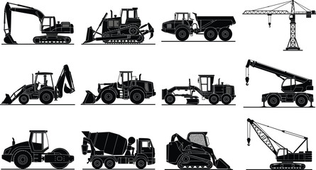 Obraz premium Heavy Construction Machinery Silhouette Collection Featuring Excavator Bulldozer Dump Truck Crane and Industrial Equipment Vector Set