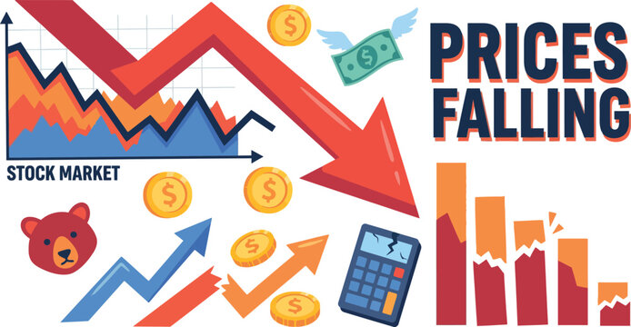 Financial crisis concept with falling stock market prices and red arrows