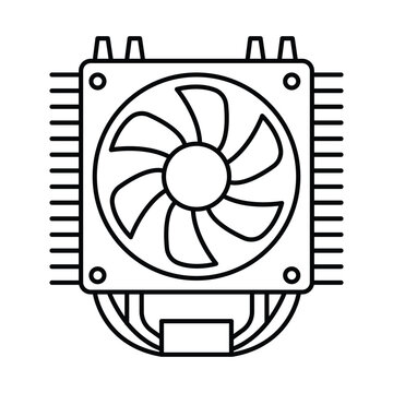 Computer CPU cooler with heat sink and fan hardware component minimal line art icon vector illustration.