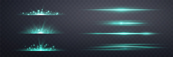 Fototapeta premium Teal lens flares set. Isolated on transparent background. Sun flash with rays or spotlight and bokeh. Glow flare light effect. Vector illustration.