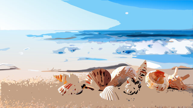 Seashells rest on a sandy beach with a vibrant blue ocean backdrop