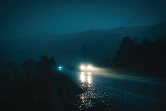 Headlights piercing the dark as a car nears the camera on a winding night road