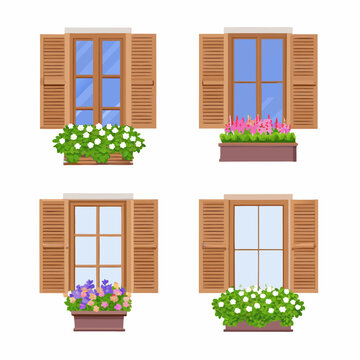 Four windows with flower boxes and wooden shutters on a white wall