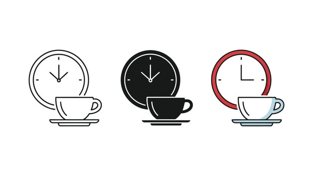 Coffee break time vector illustration set with clock and cup icons