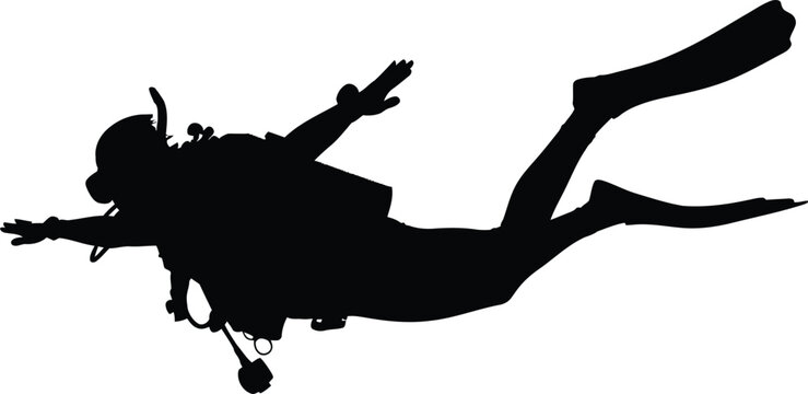 scuba diver in freefall pose against bright sky with airplane silhouette