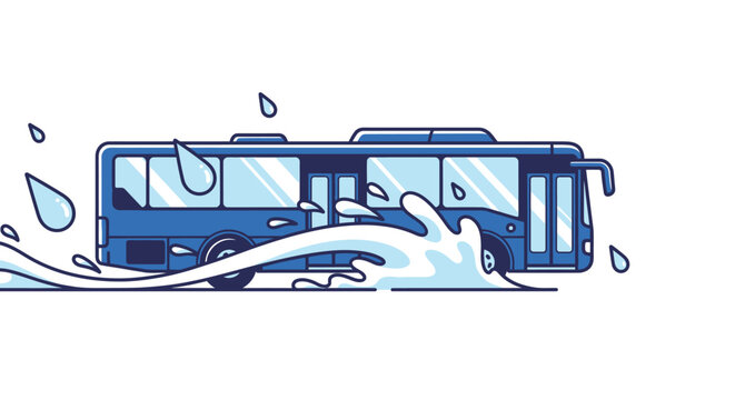blue bus driving through water puddle on isolated white background vector