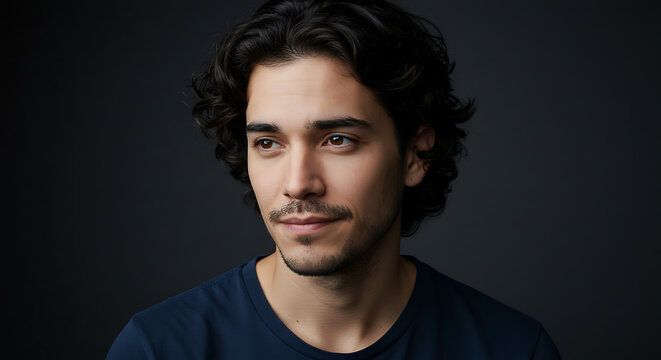 Pensive Young Man with Dark Curly Hair Against a Dark Background