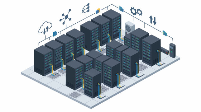 Modern data center with server racks and network connections.