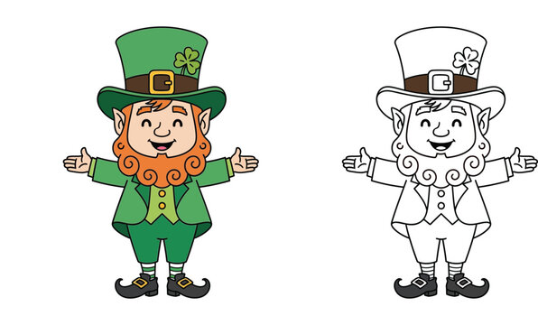 Cute St. Patrick's Day leprechaun cartoon character. Vector illustration featuring full color and black and white line art versions for kids coloring book or festive design.