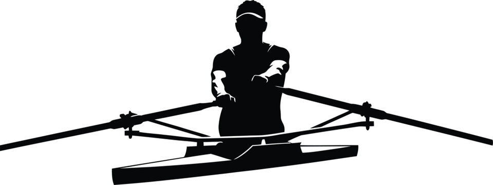 silhouette of rower training on indoor rowing machine at sunset