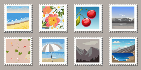 illustrated postage stamps with beach floral and landscape themes © Rupa