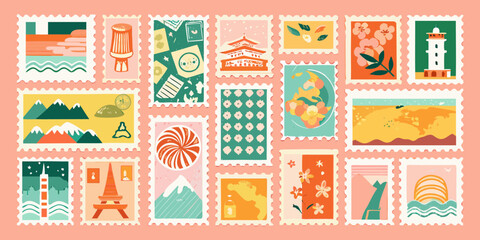 collection of vintage style postage stamps with travel themes © Rupa