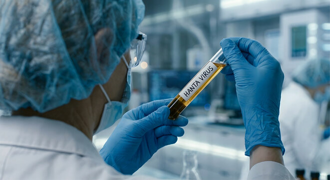 Scientifique de dos examinant un tube d'&eacute;chantillon de hantavirus sur une paillasse de laboratoire de recherche m&eacute;dicale haute technologie
