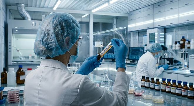 Scientifique de dos examinant un tube d'&eacute;chantillon de hantavirus sur une paillasse de laboratoire de recherche m&eacute;dicale haute technologie
