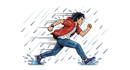 Fototapeta premium young man running in rain storm with puddles on white background vector